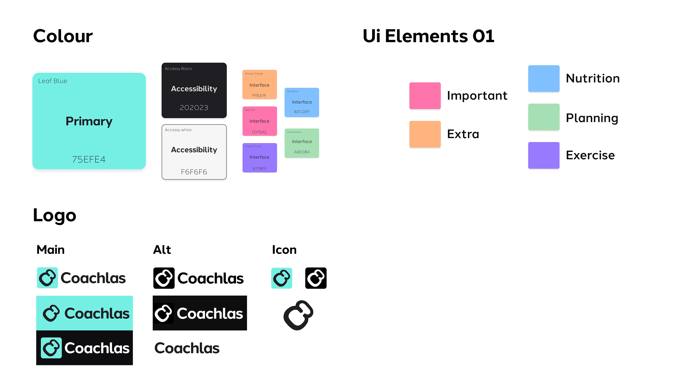 Coachlas branding guide showing colour palette, UI elements, and logo variations