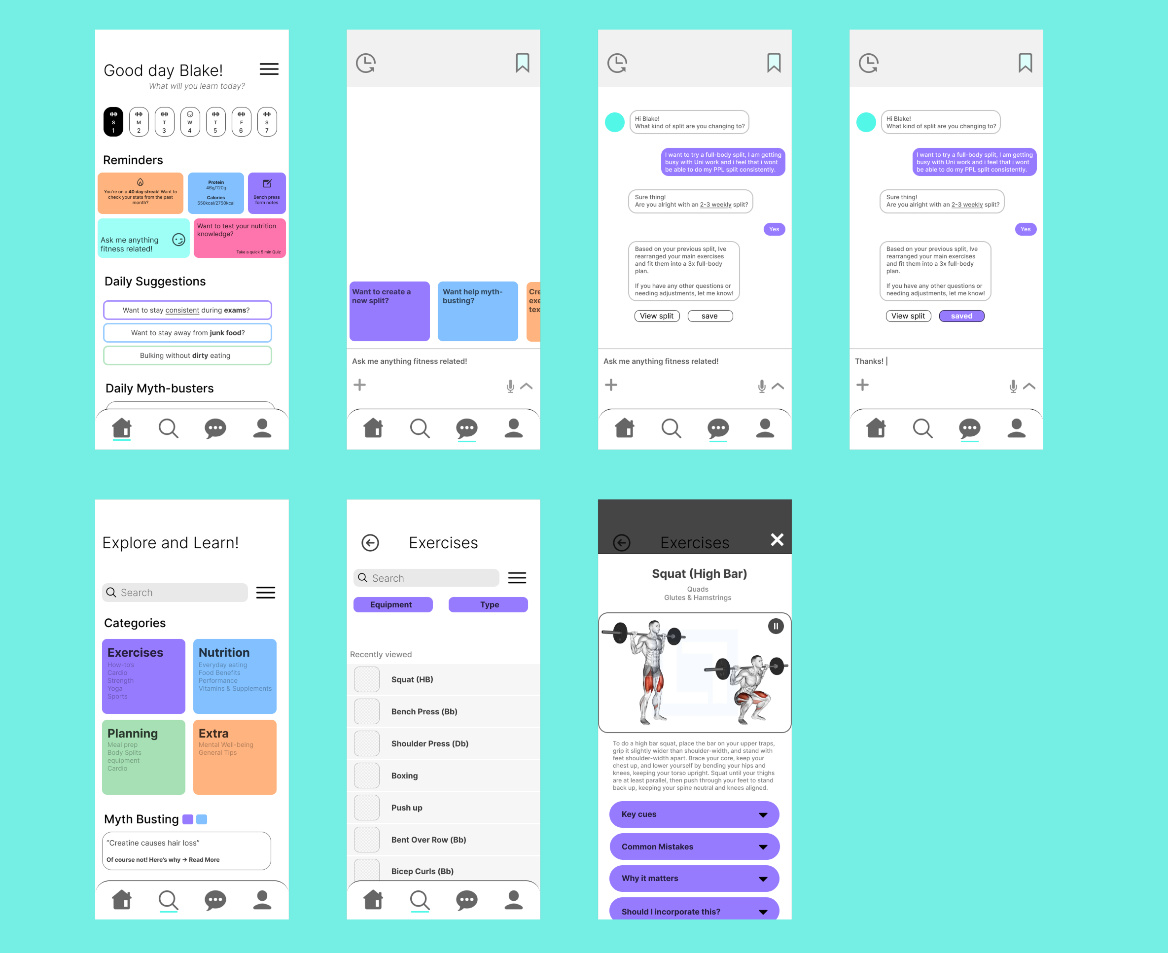 High-fidelity Coachlas mobile screens showing home, chat, explore, and exercise detail views