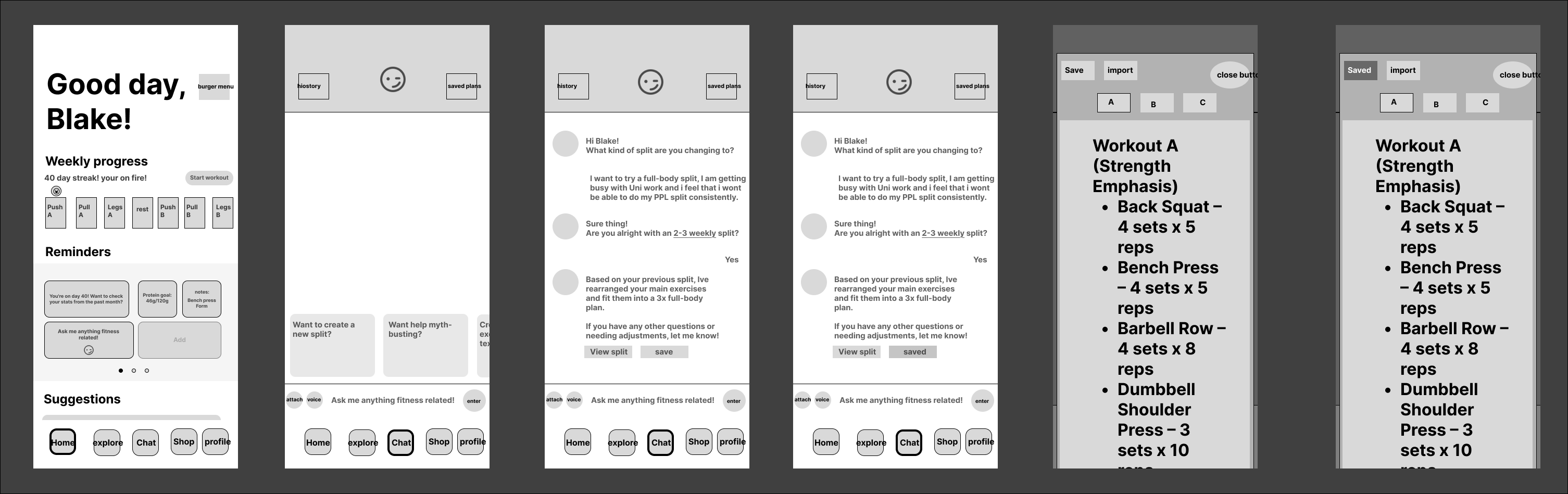 Low-fidelity wireframes of Coachlas homepage, chat, and workout split screens