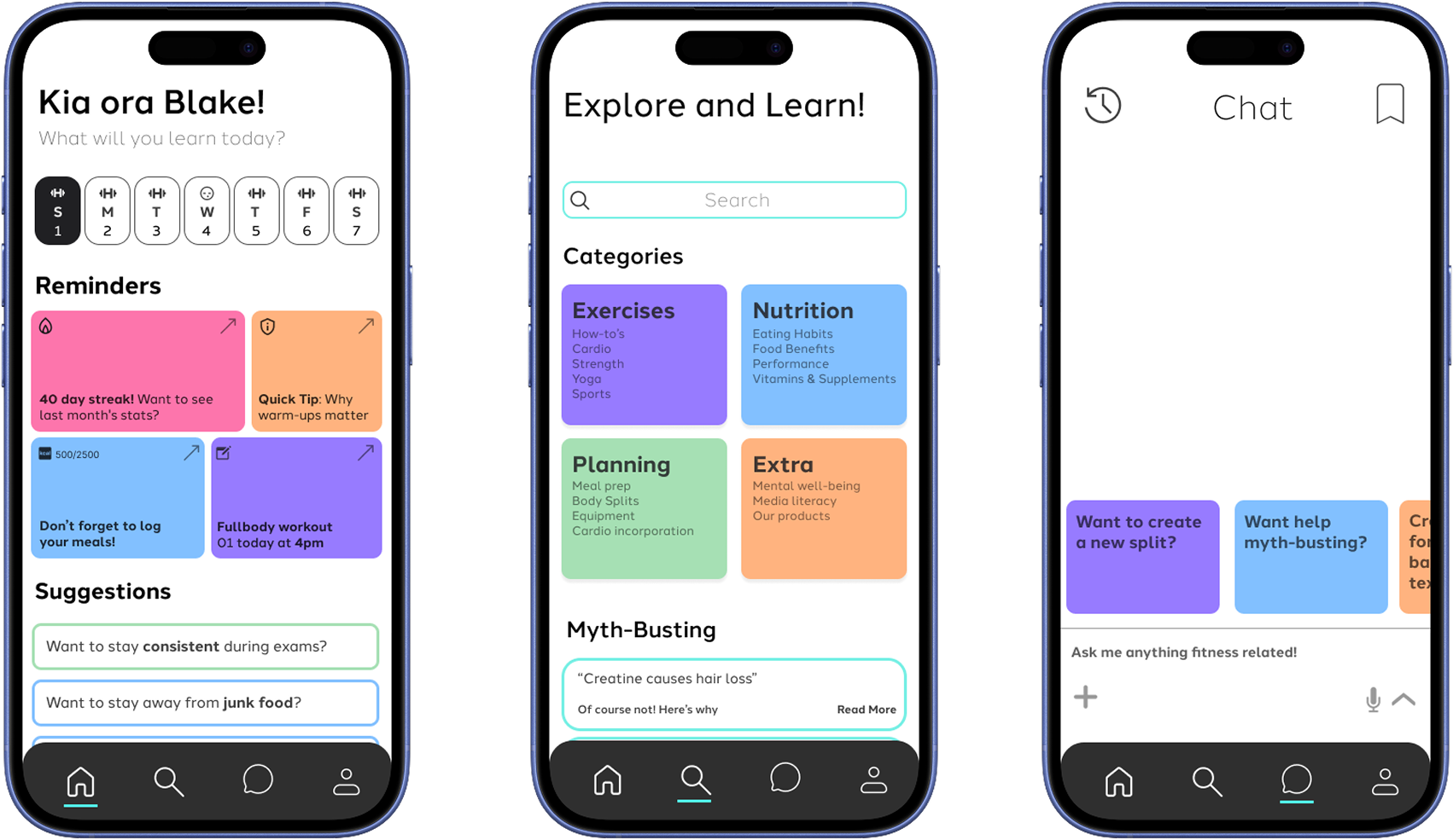 Coachlas mobile app mockups showing home, explore, and chat sections