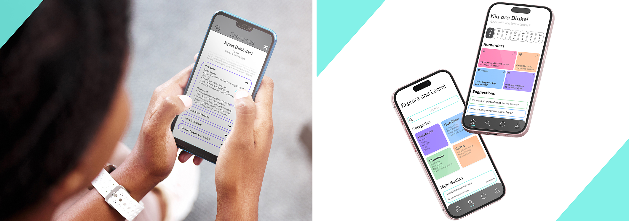 Lifestyle and perspective mockups of the Coachlas app on phones