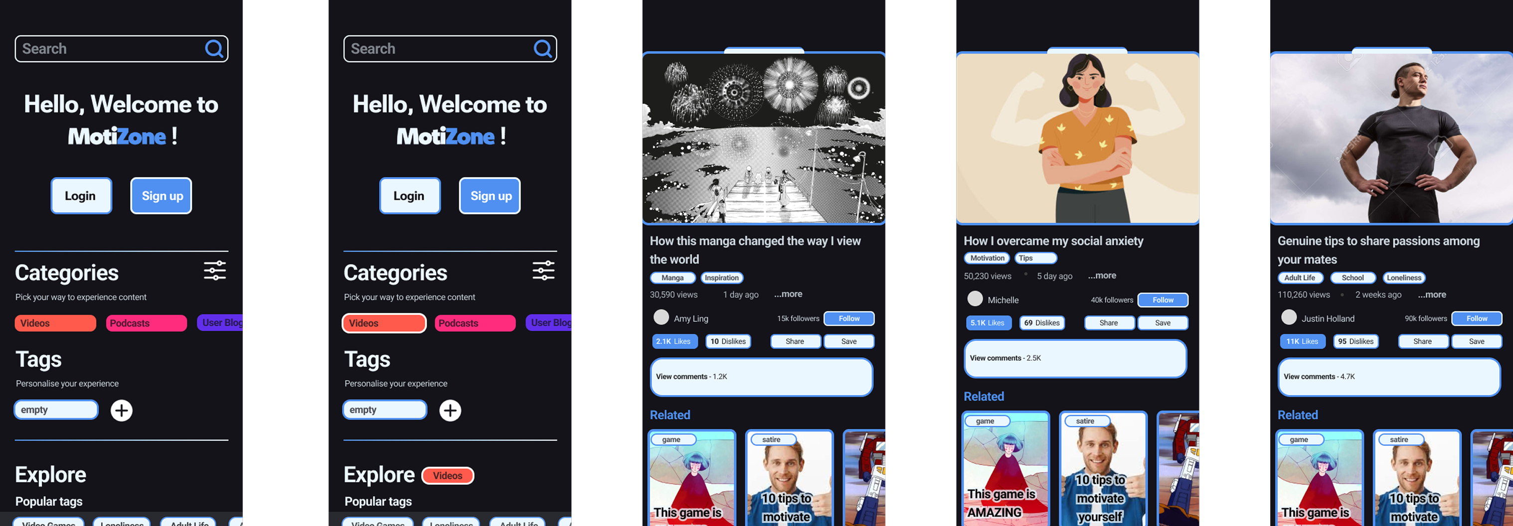 Initial MotiZone mobile prototype screens
