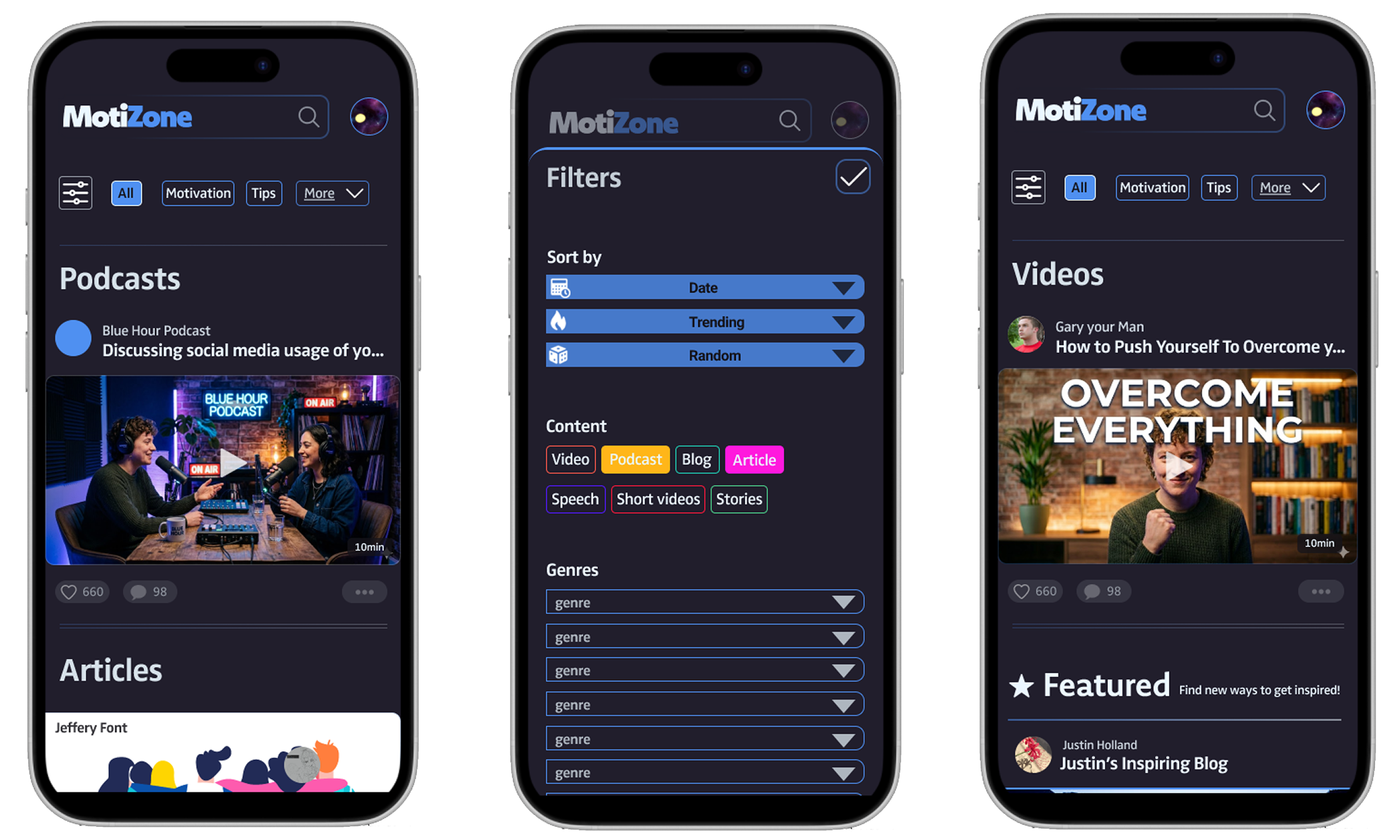 MotiZone mobile mockups showing filters and content sections
