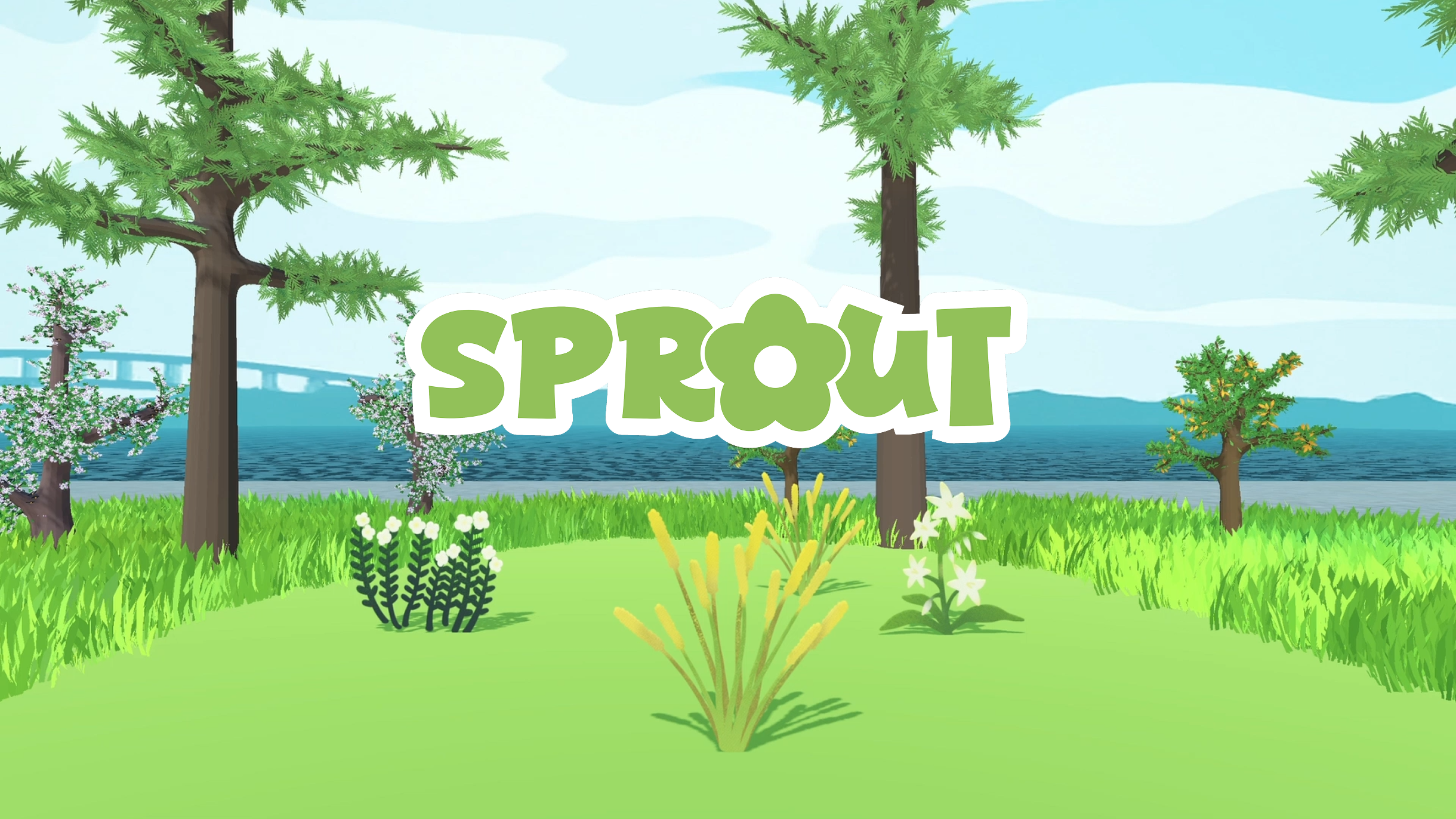 Sprout logo over an illustrated forest and lake landscape