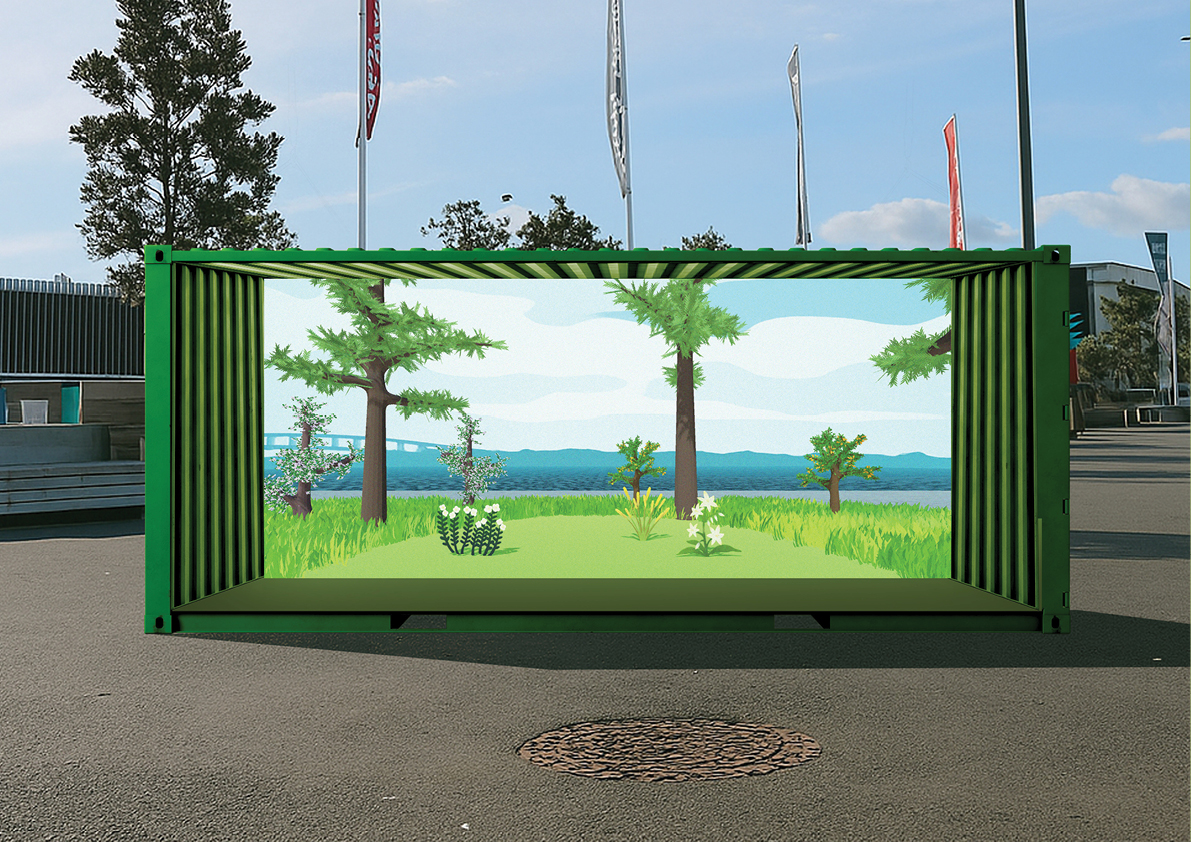 Sprout illustrated forest viewed through a green shipping container